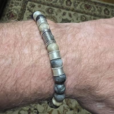 Black Silver Cross Men Name Bracelet with Picasso Jasper Stones