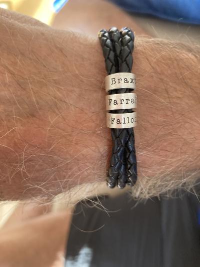 Men Leather Bracelet with Engraved Beads in Sterling Silver