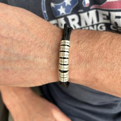 Men Leather Bracelet with Engraved Beads in Sterling Silver