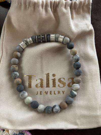Black Silver Cross Men Name Bracelet with Picasso Jasper Stones