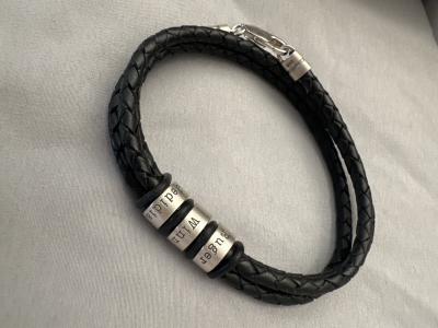 Men Leather Bracelet with Engraved Beads in Sterling Silver