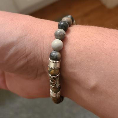 Black Silver Cross Men Name Bracelet with Picasso Jasper Stones