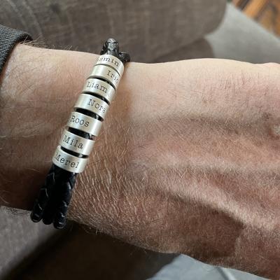Men Leather Bracelet with Engraved Beads in Sterling Silver