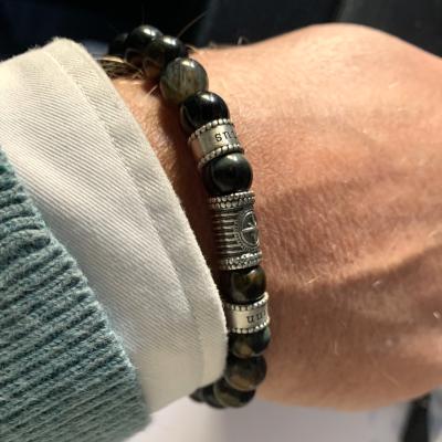 Compass Men Name Bracelet with Green Tiger Eye Stones