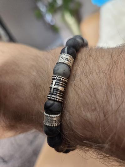 Black Silver Cross Men Name Bracelet with Picasso Jasper Stones