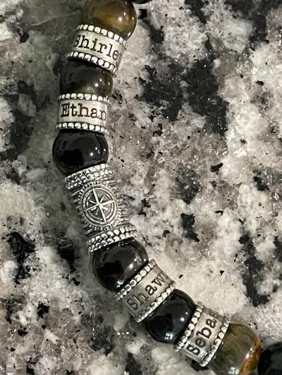 Compass Men Name Bracelet with Green Tiger Eye Stones