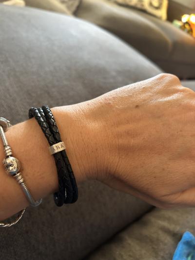 Men Leather Bracelet with Engraved Beads in Sterling Silver