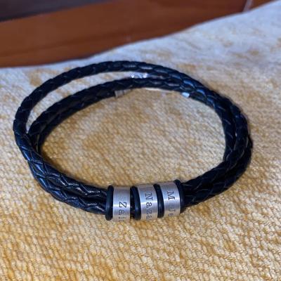 Men Brown Bracelet with Engraved Spheres in Silver