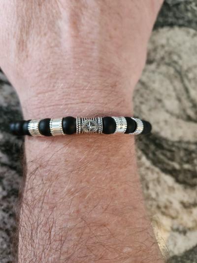 Compass Men Name Bracelet with Black Onyx Stones