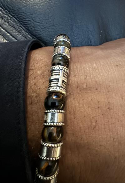 Cross Men Name Bracelet with Green Tiger Eye Stones